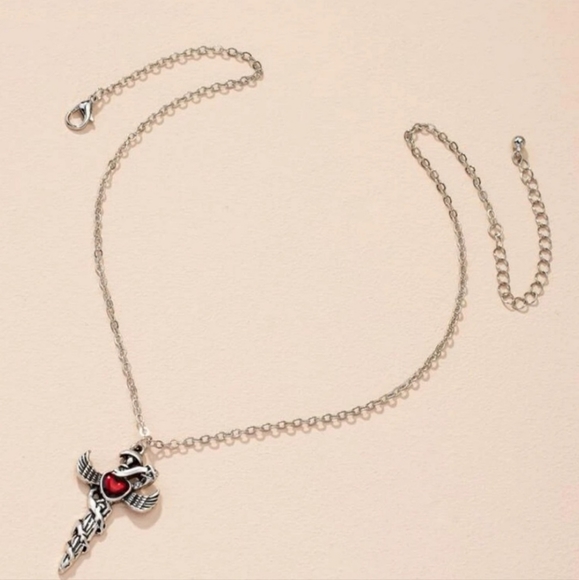 Antique Silver Red Heart Sword Necklace - Picture 5 of 5